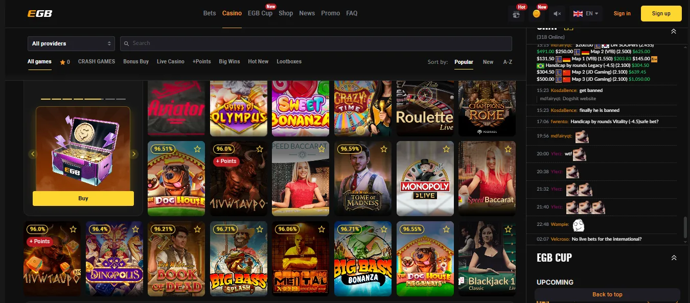 Screenshot of Egaming Bets's games lobby
