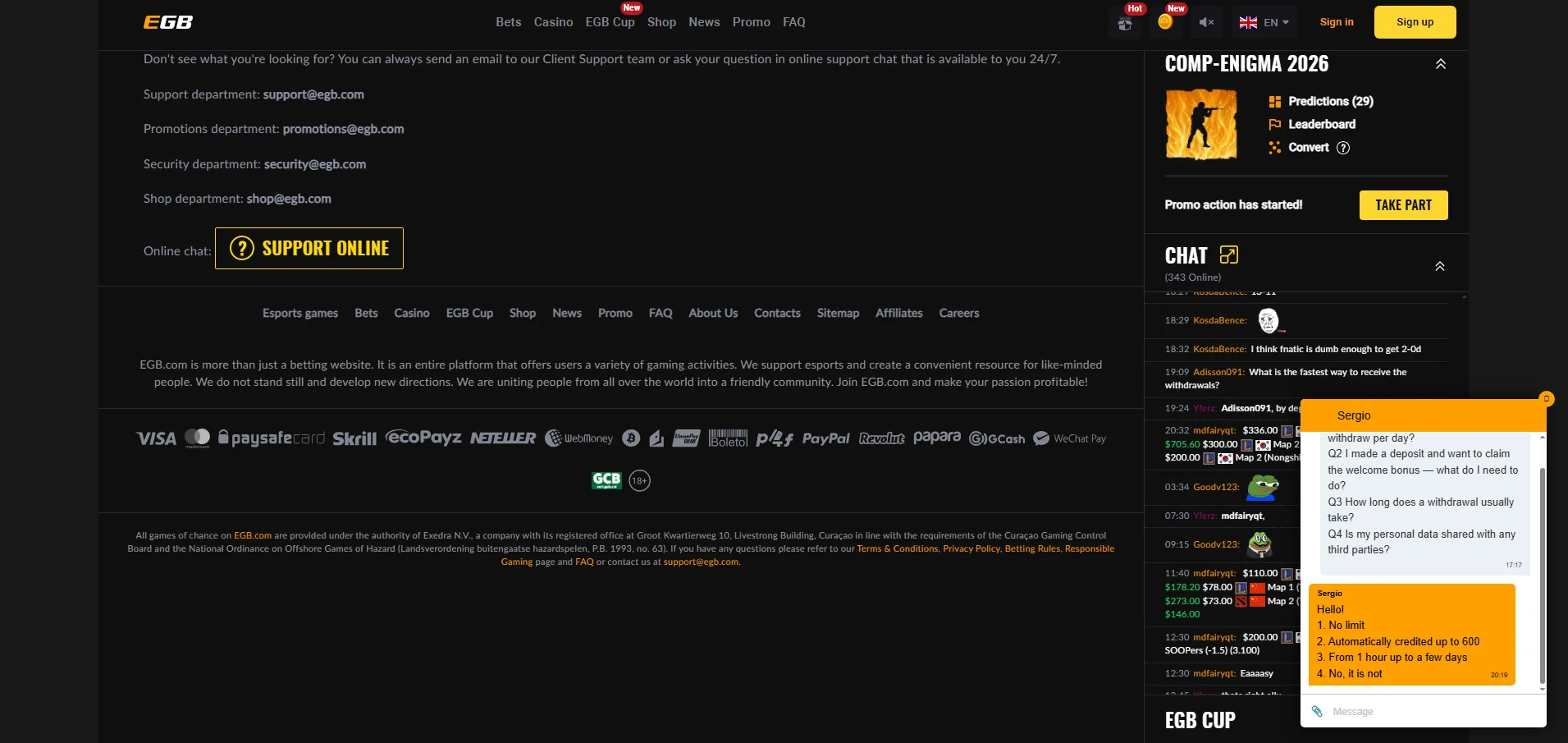 Screenshot of Egaming Bets's live chat support window