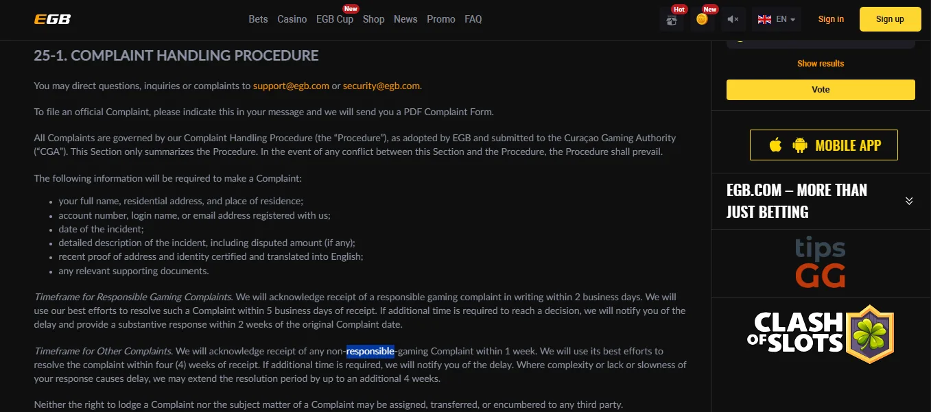 Screenshot of Egaming Bets's responsible-gambling tools