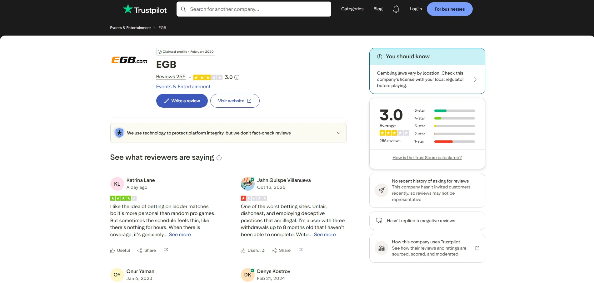Screenshot of Egaming Bets's Trustpilot rating overview