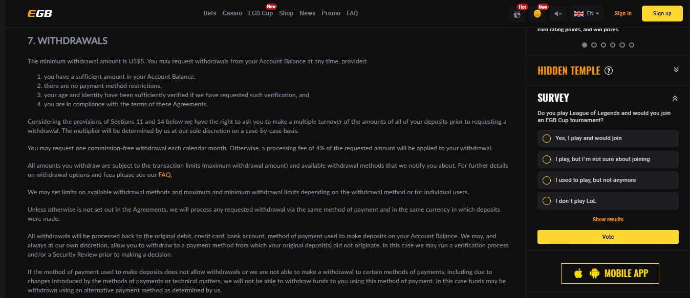 Screenshot of Egaming Bets's withdrawal section and limits