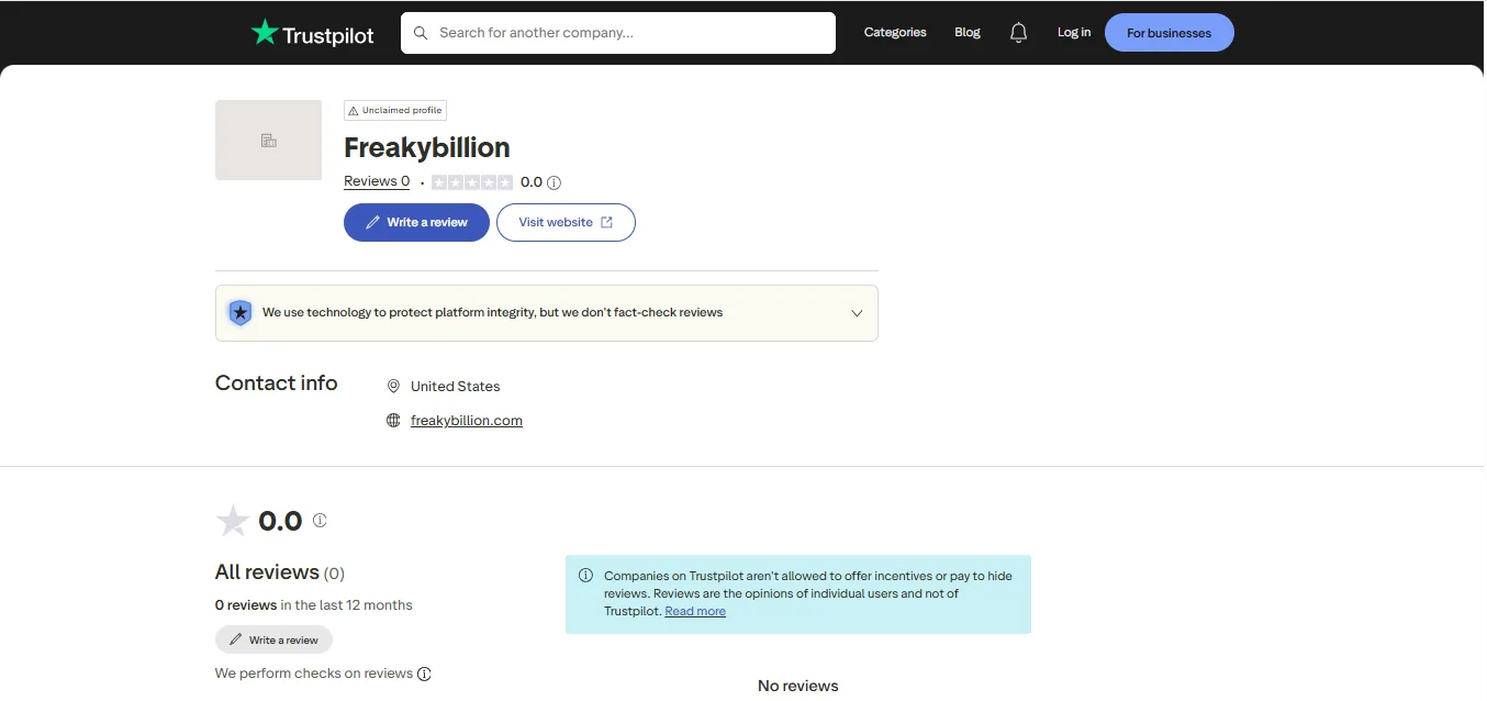 Screenshot of FreakyBillion's Trustpilot rating overview