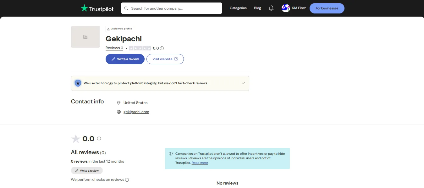 Screenshot of GekiPachi's Trustpilot rating overview