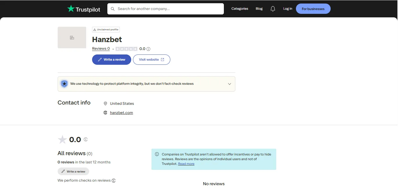 Screenshot of Hanzbet's Trustpilot rating overview