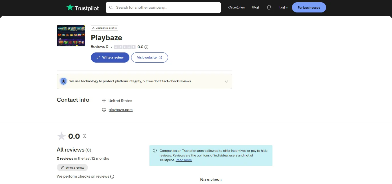 Screenshot of PlayBaze's Trustpilot rating overview