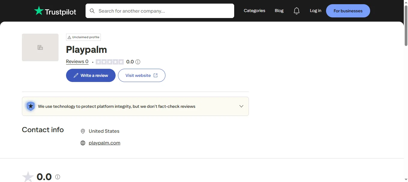 Screenshot of PlayPalm's Trustpilot rating overview