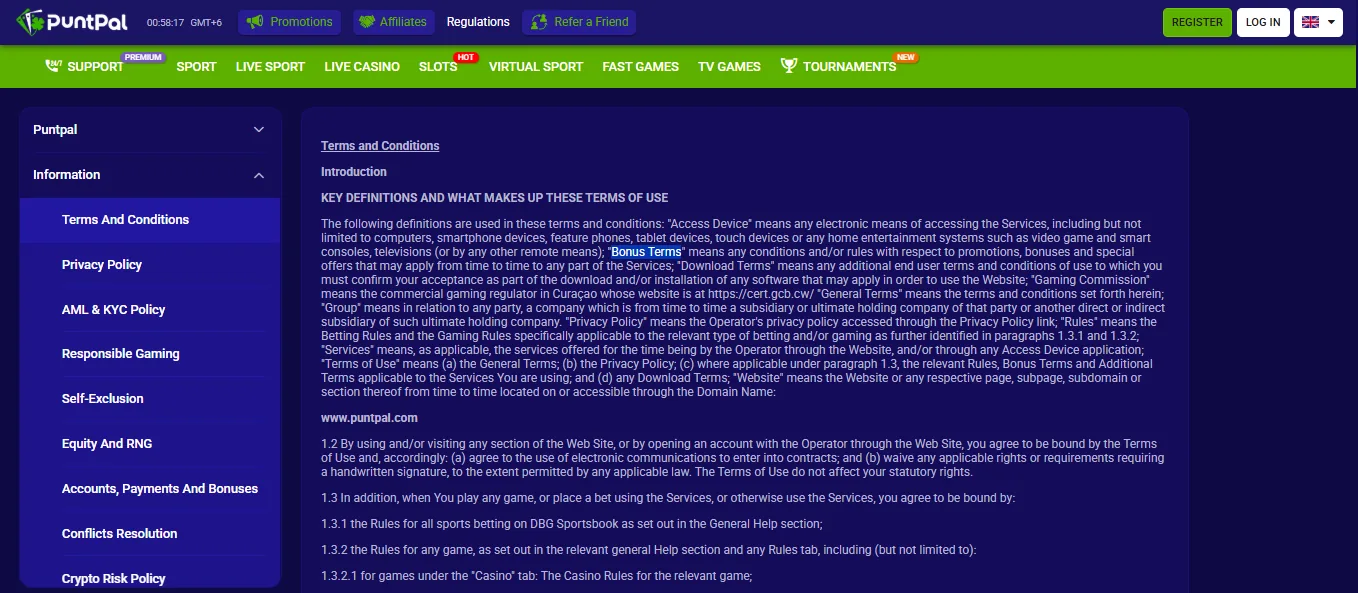 Screenshot of PuntPal's bonus terms and wagering requirements