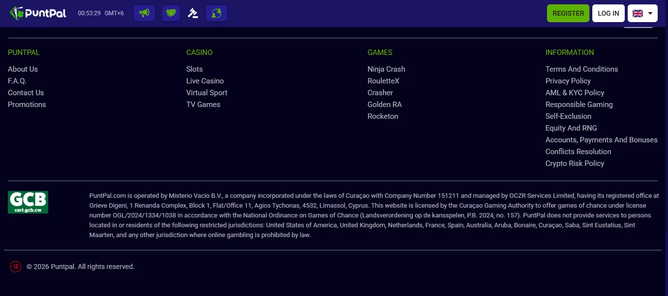 Screenshot of PuntPal's footer licence and regulator details