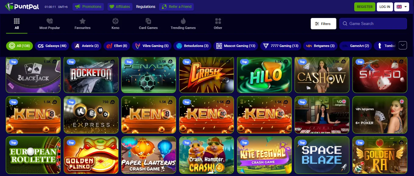 Screenshot of PuntPal's games lobby
