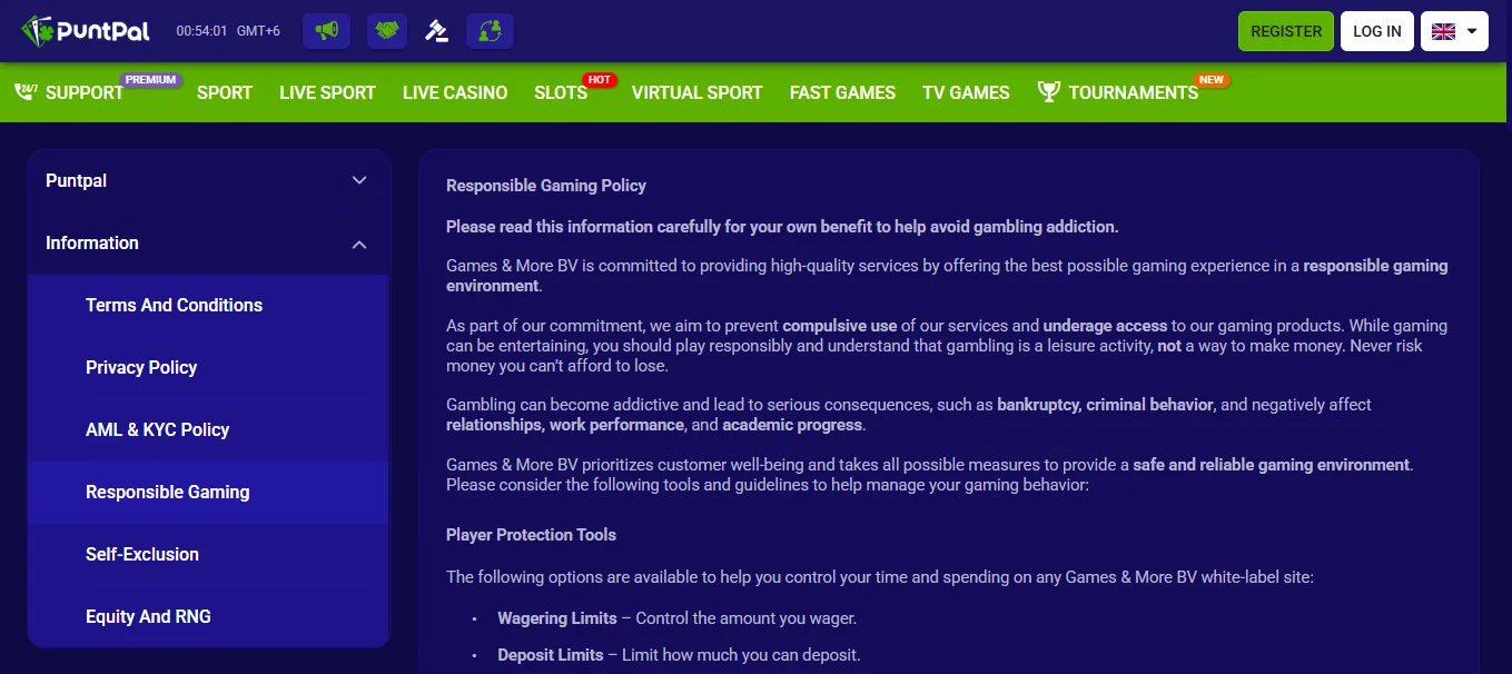 Screenshot of PuntPal's responsible-gambling tools