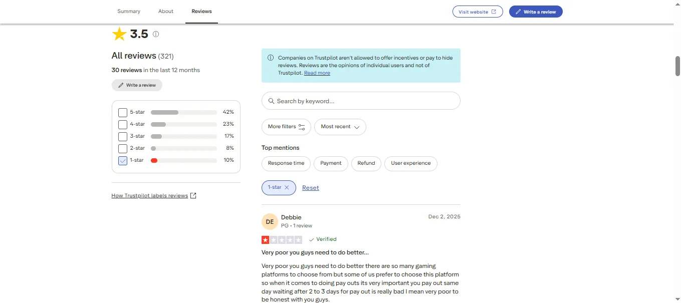 Screenshot of PuntPal's negative Trustpilot review