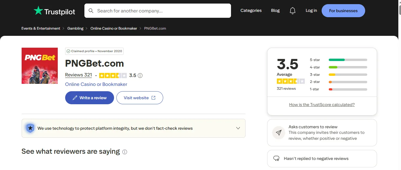 Screenshot of PuntPal's Trustpilot rating overview