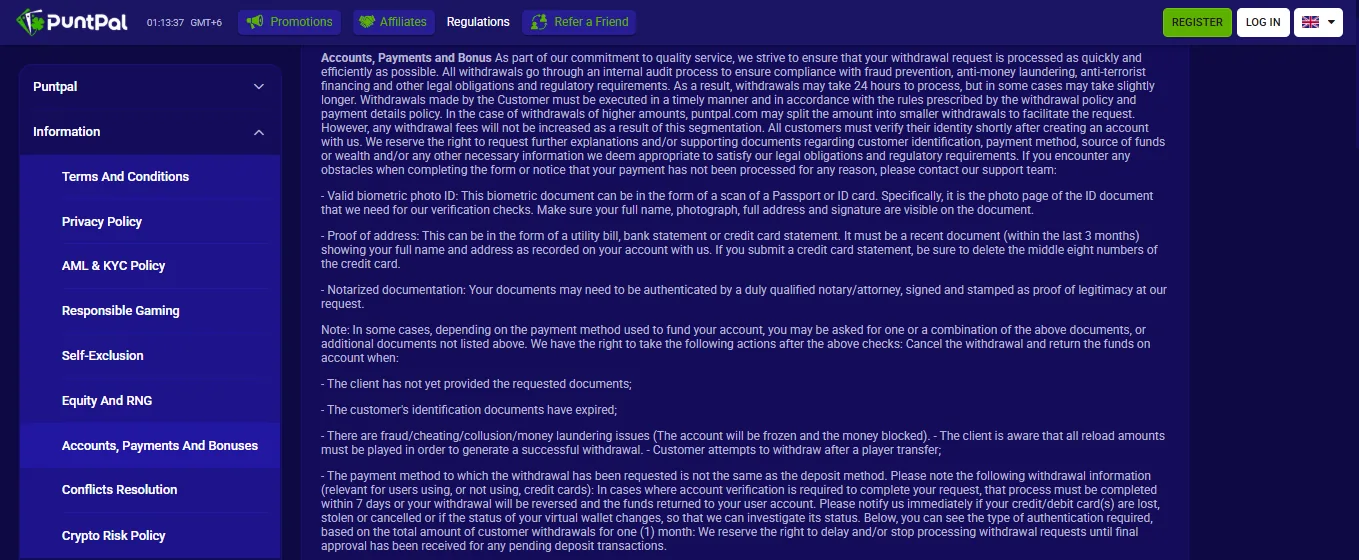Screenshot of PuntPal's withdrawal section and limits