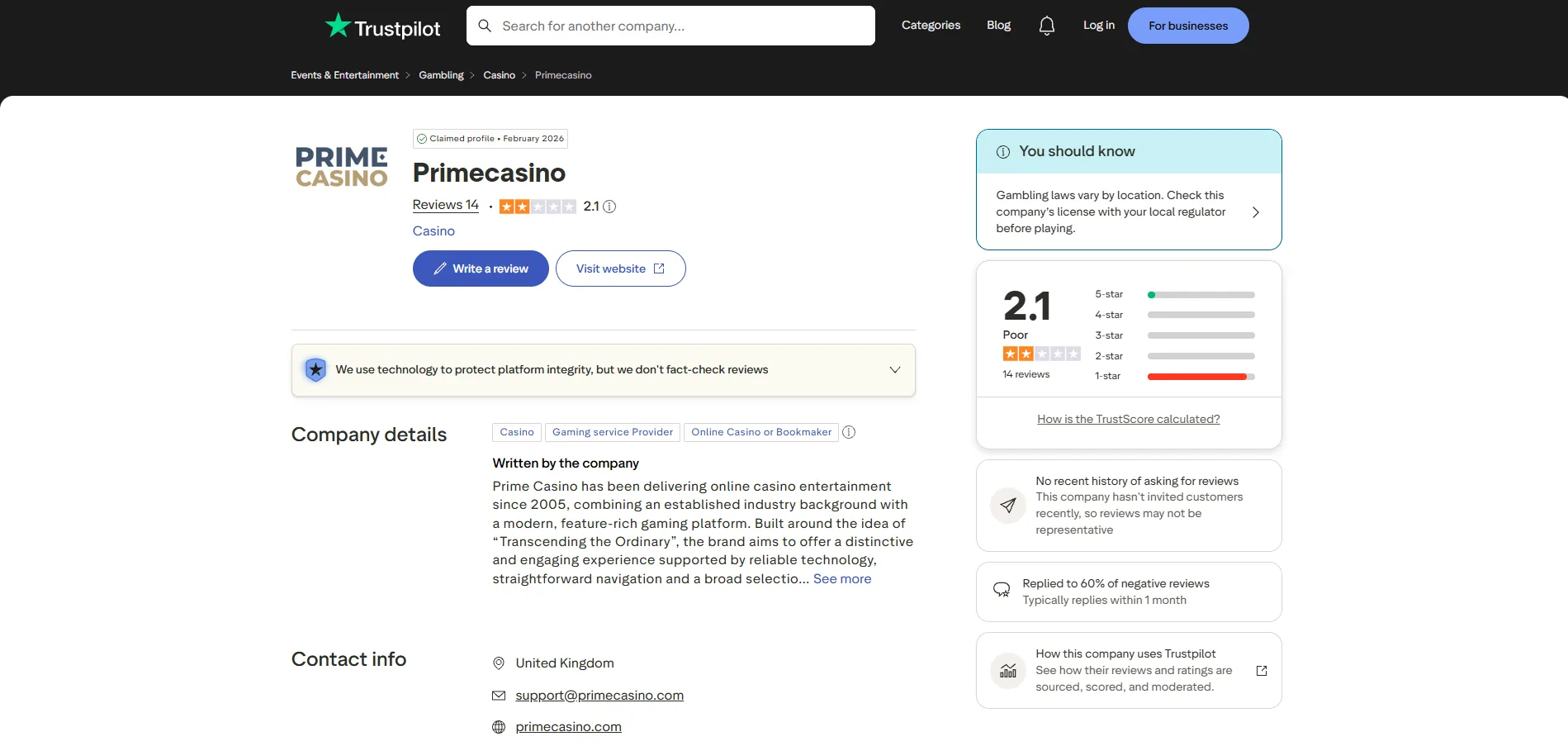 Screenshot of Prime Casino's Trustpilot rating overview