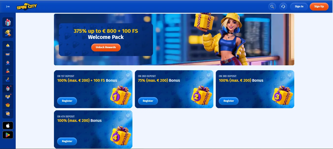 Screenshot of Spin City's welcome bonus offer