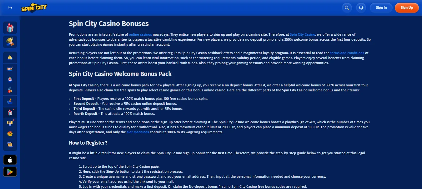 Screenshot of Spin City's bonus terms and wagering requirements