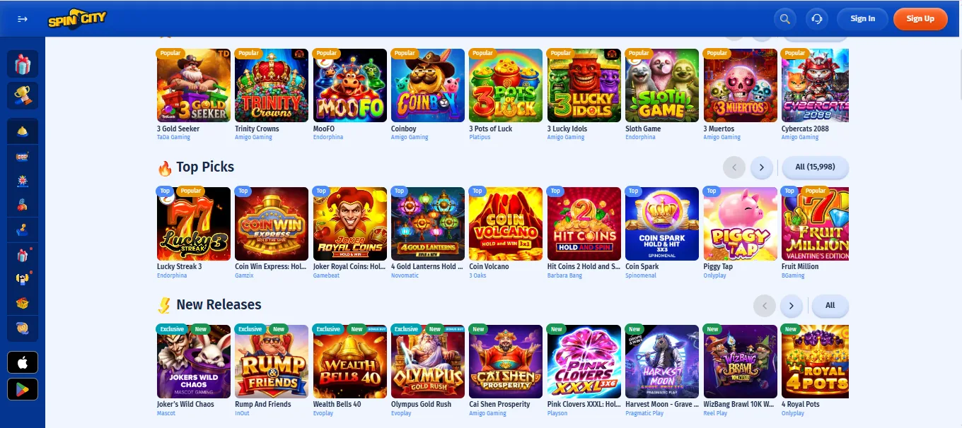 Screenshot of Spin City's games lobby