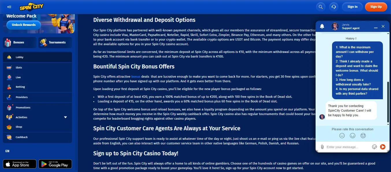 Screenshot of Spin City's live chat support window