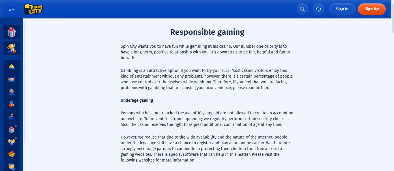 Screenshot of Spin City's responsible-gambling tools