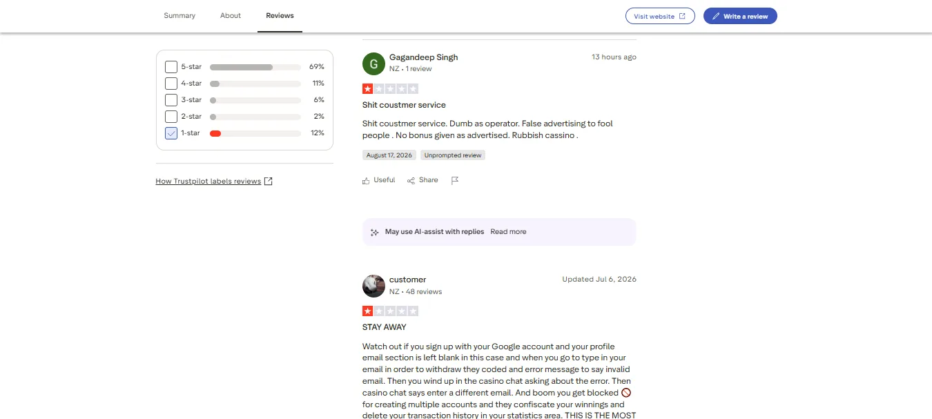 Screenshot of Spin City's negative Trustpilot review