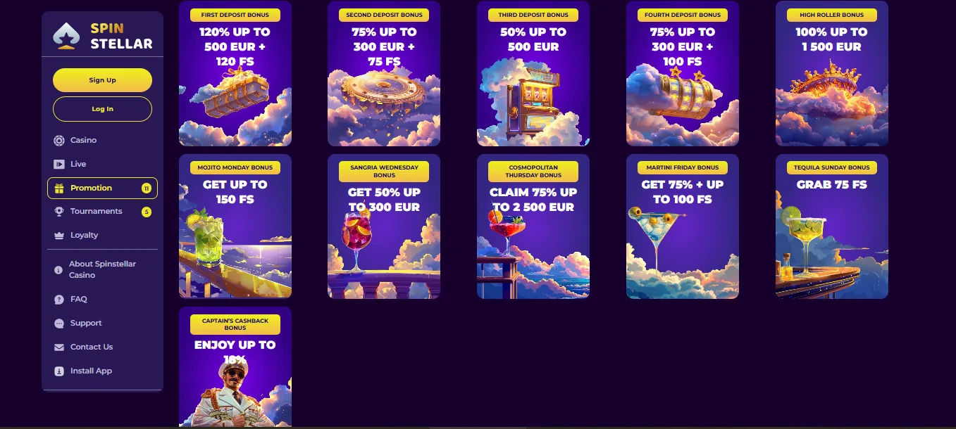 Screenshot of SpinStellar's welcome bonus offer