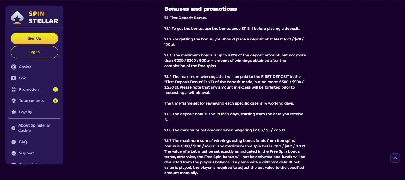 Screenshot of SpinStellar's bonus terms and wagering requirements
