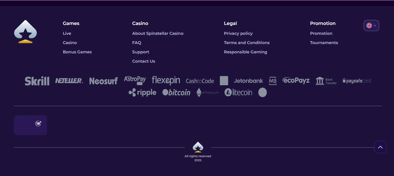 Screenshot of SpinStellar's footer licence and regulator details