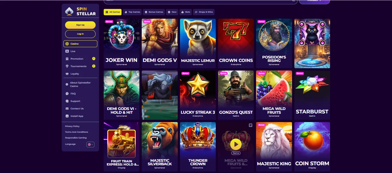 Screenshot of SpinStellar's games lobby