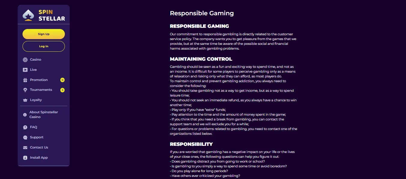 Screenshot of SpinStellar's responsible-gambling tools