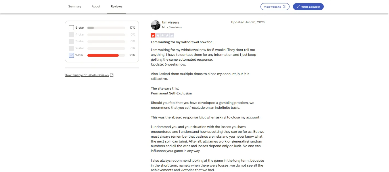 Screenshot of SpinStellar's negative Trustpilot review