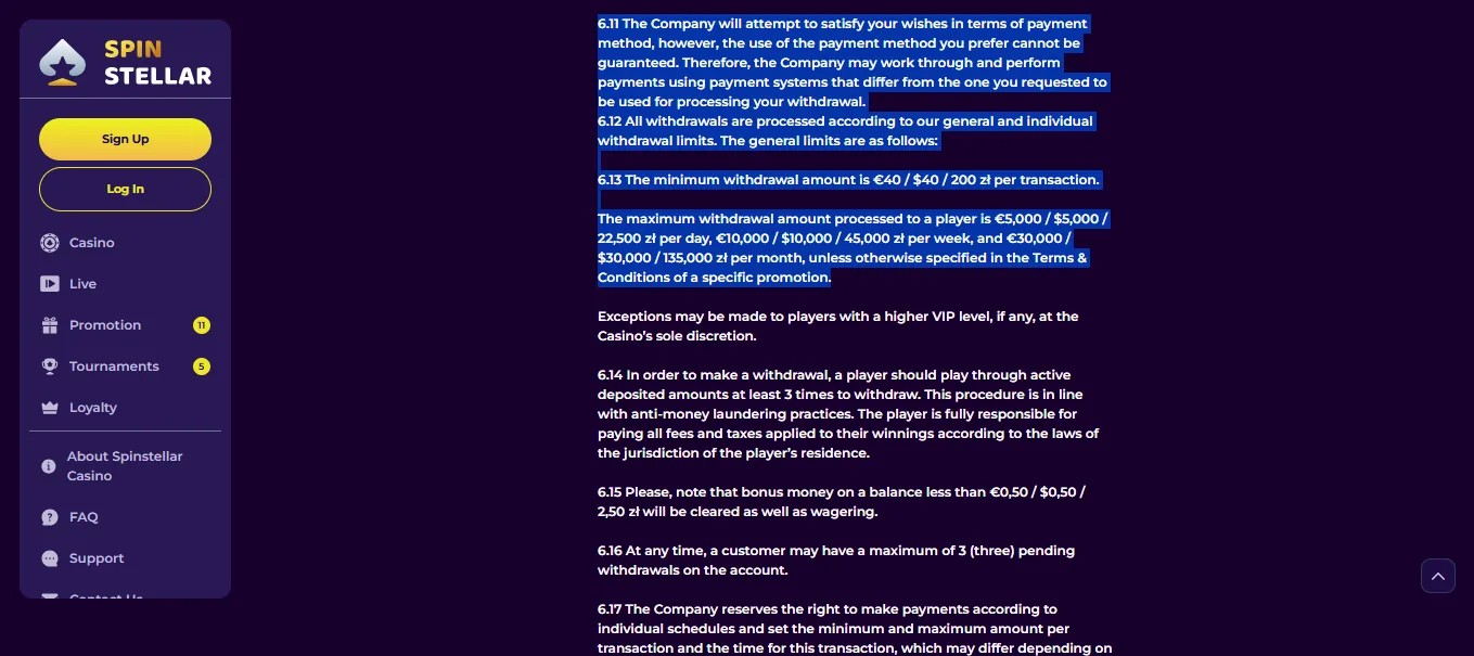 Screenshot of SpinStellar's withdrawal section and limits