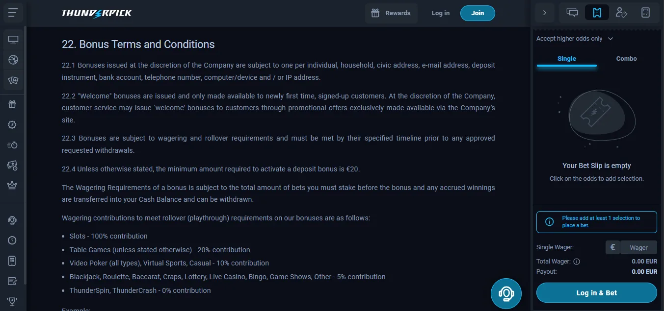 Screenshot of Thunderpick's bonus terms and wagering requirements