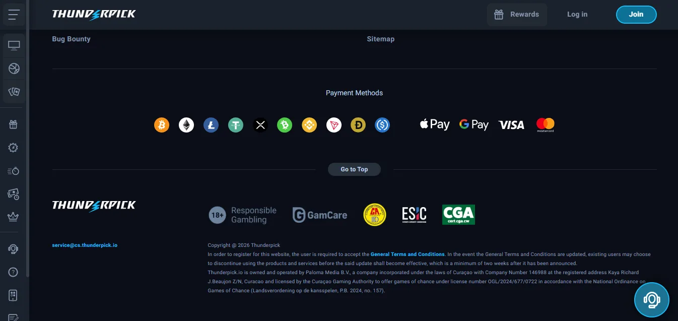 Screenshot of Thunderpick's footer licence and regulator details