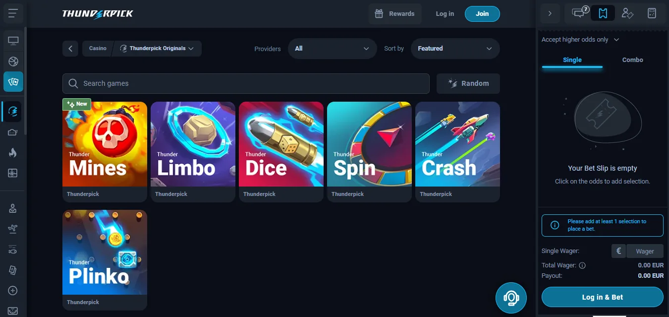 Screenshot of Thunderpick's games lobby
