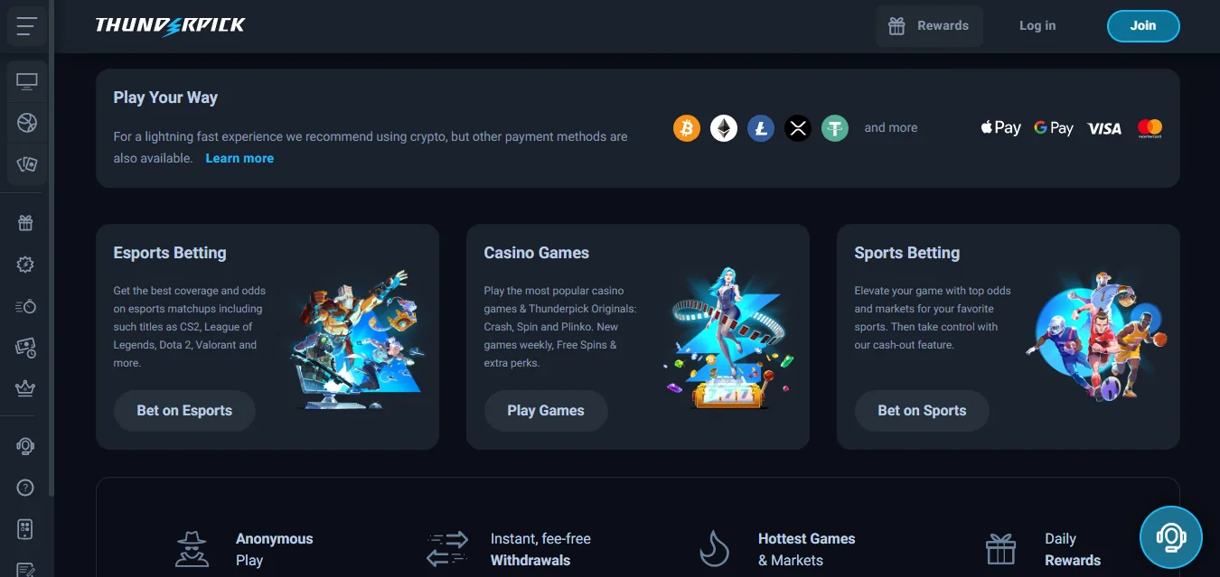 Screenshot of Thunderpick's homepage
