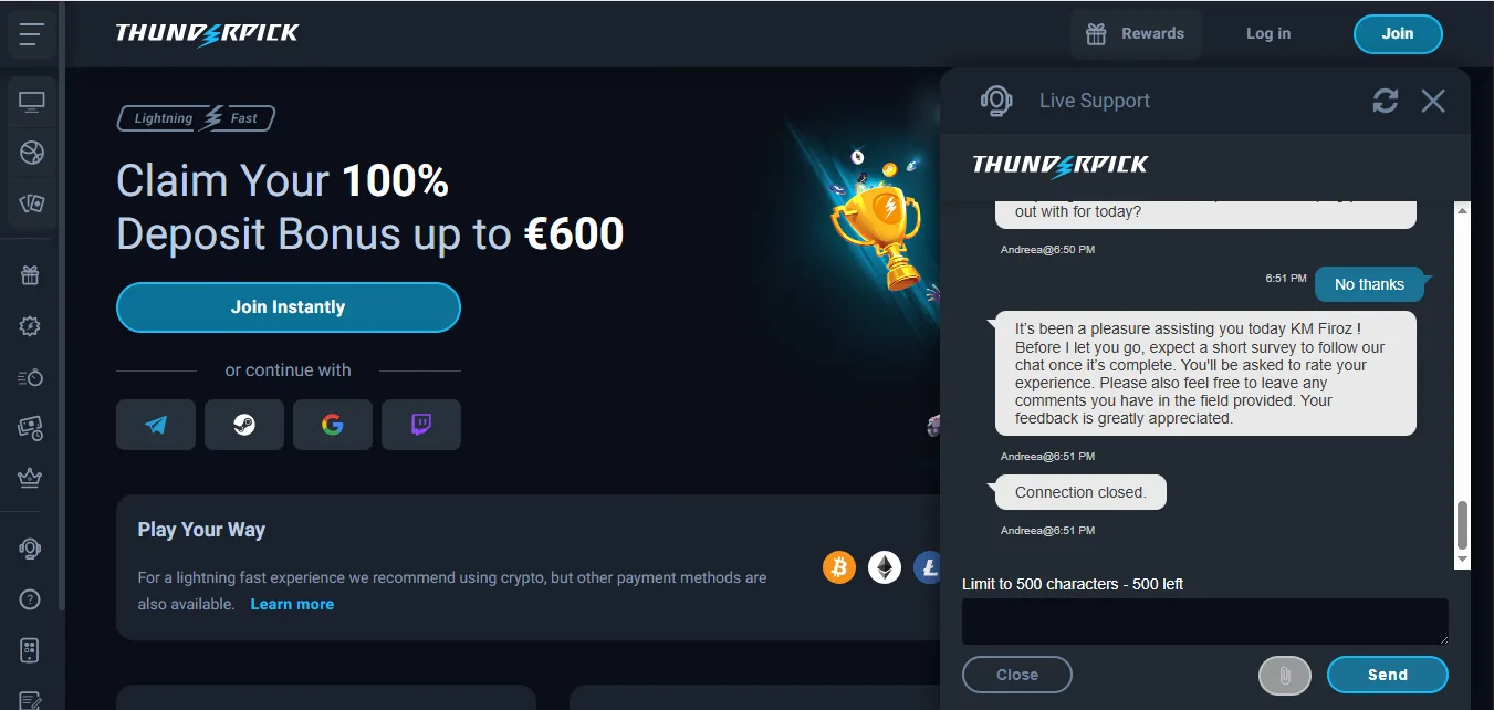 Screenshot of Thunderpick's live chat support window