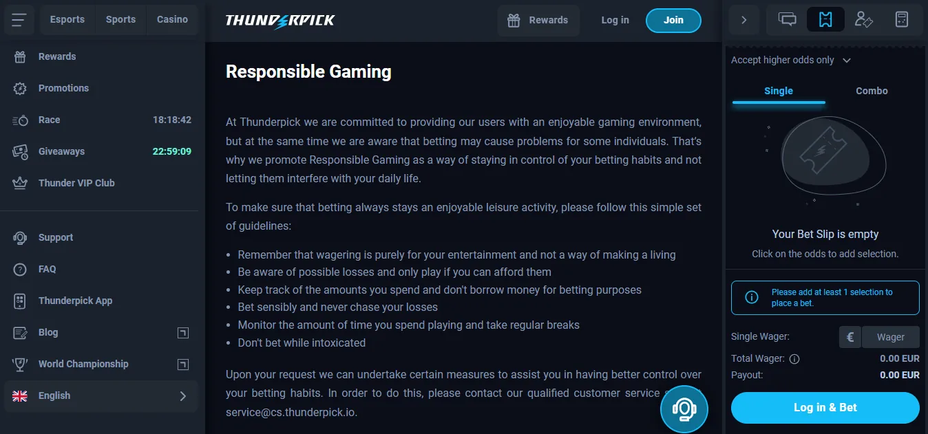 Screenshot of Thunderpick's responsible-gambling tools