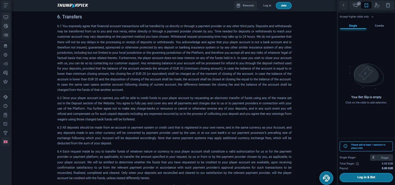 Screenshot of Thunderpick's withdrawal section and limits