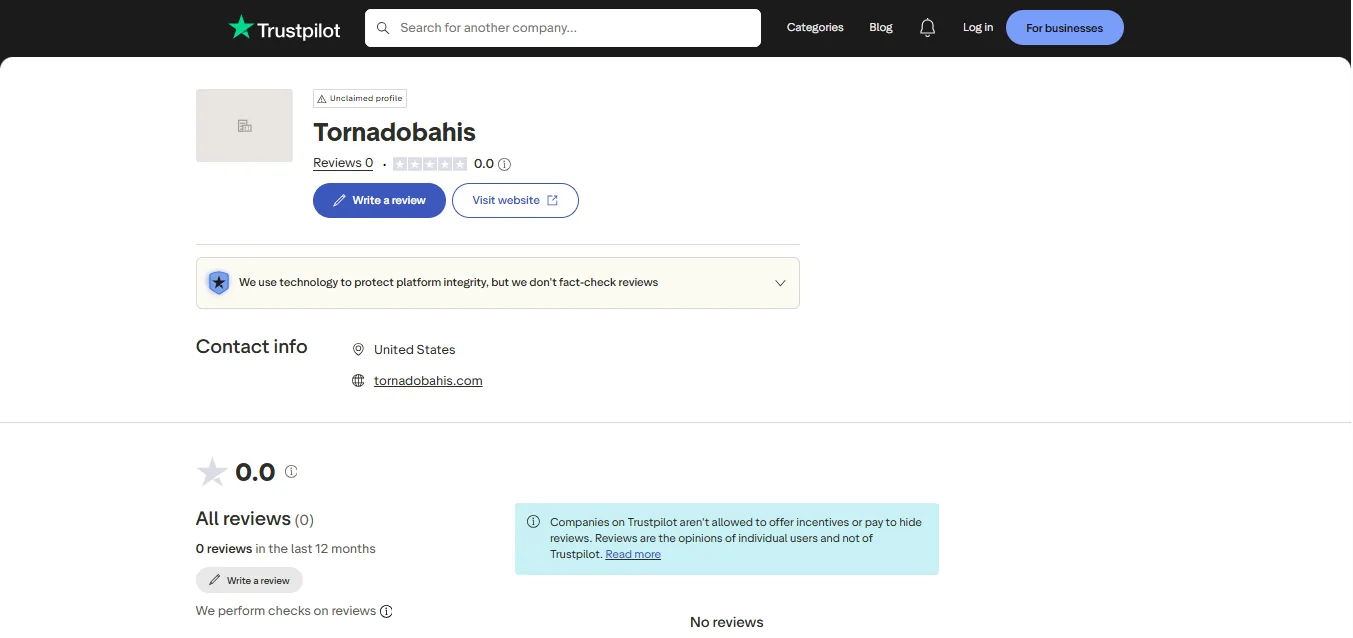 Screenshot of Tornadobahis's Trustpilot rating overview