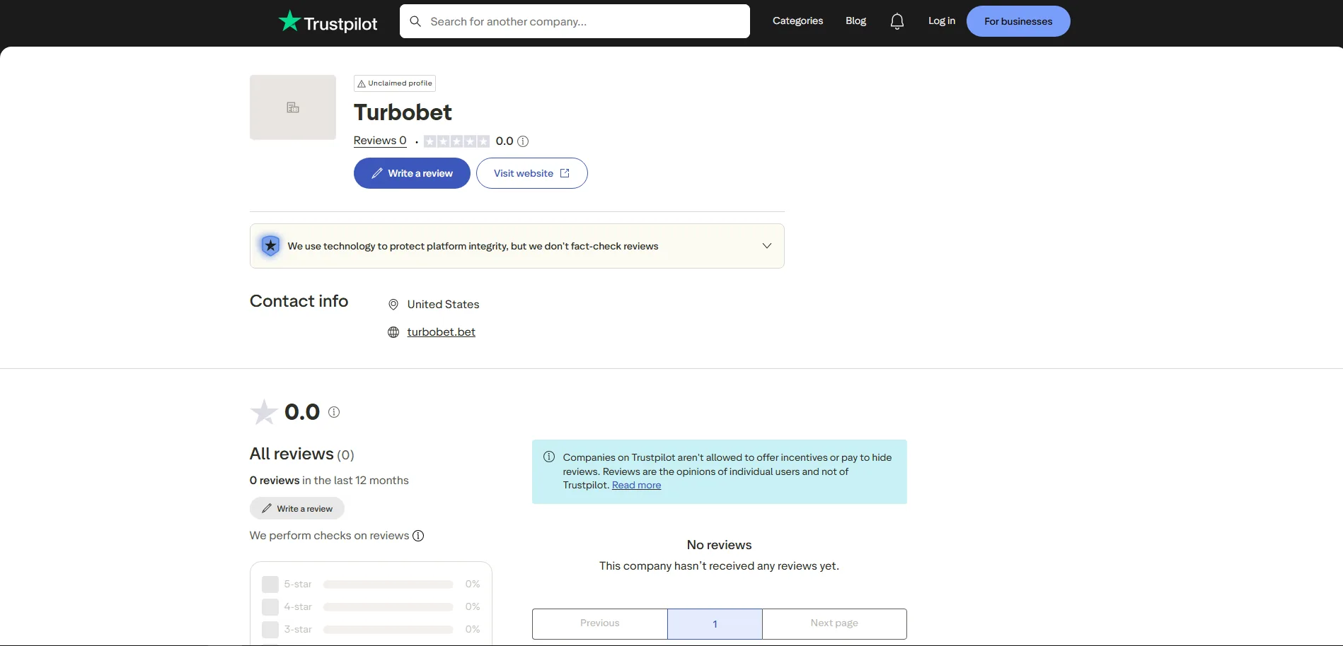 Screenshot of Turbobet's Trustpilot rating overview