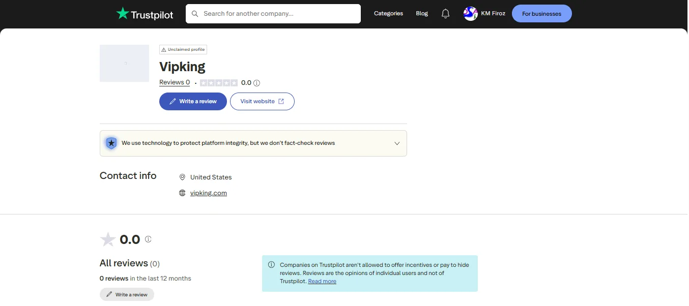 Screenshot of VIPKing's Trustpilot rating overview