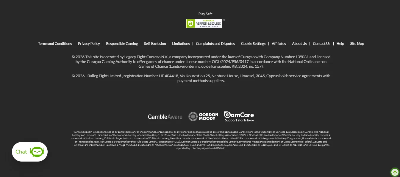 Screenshot of Win Trillions's footer licence and regulator details