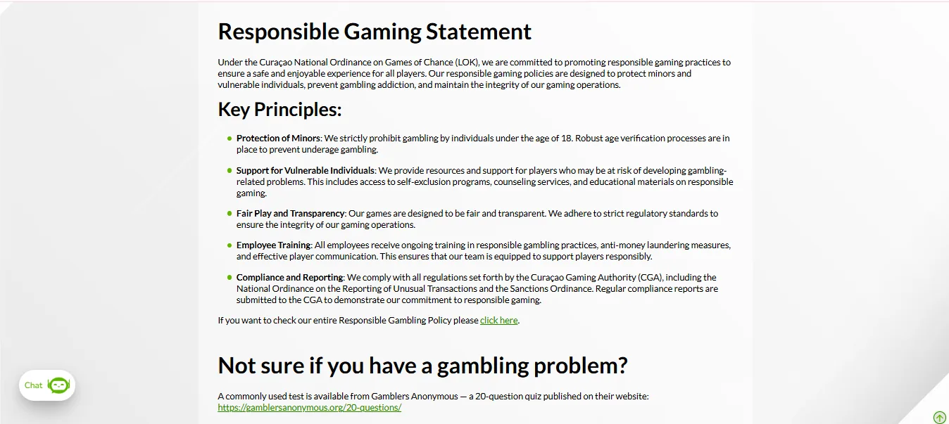 Screenshot of Win Trillions's responsible-gambling tools
