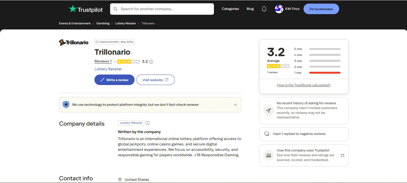 Screenshot of Win Trillions's Trustpilot rating overview