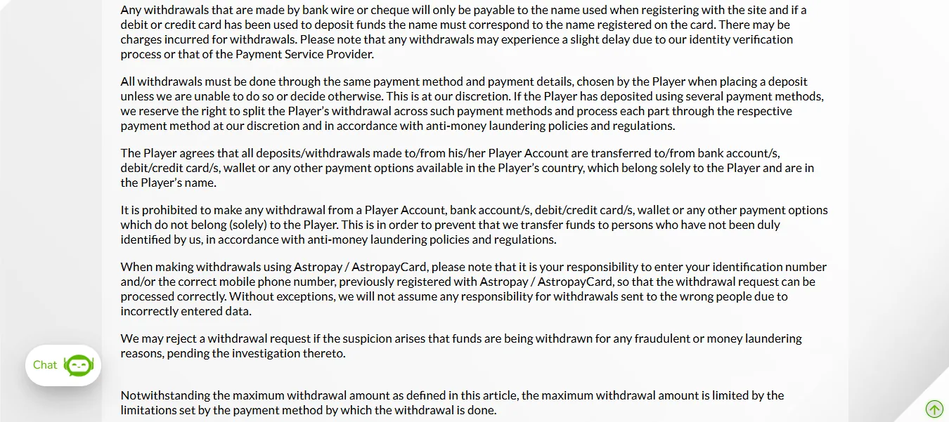 Screenshot of Win Trillions's withdrawal section and limits