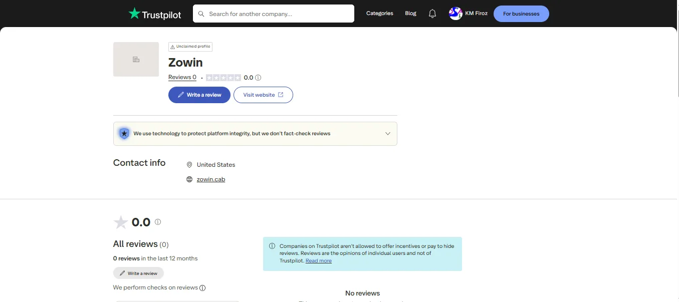 Screenshot of Zowin's Trustpilot rating overview